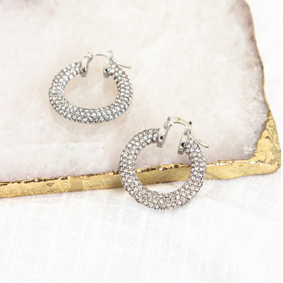 Crystal Embellished Silver Hoop Earrings - Picture 5 of 9